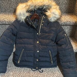 Topshop Blue and Cream Puffer Jacket with Faux Fur Hood